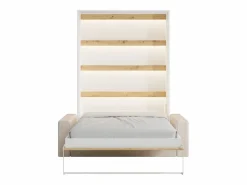 Vente-unique Cama abatible 140 x 190 cm con leds blanco y natural + colchón + sofá - RAPILI Color natural claro / Blanco New