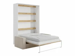 Vente-unique Cama abatible 140 x 190 cm con leds blanco y natural + colchón + sofá - RAPILI Color natural claro / Blanco New
