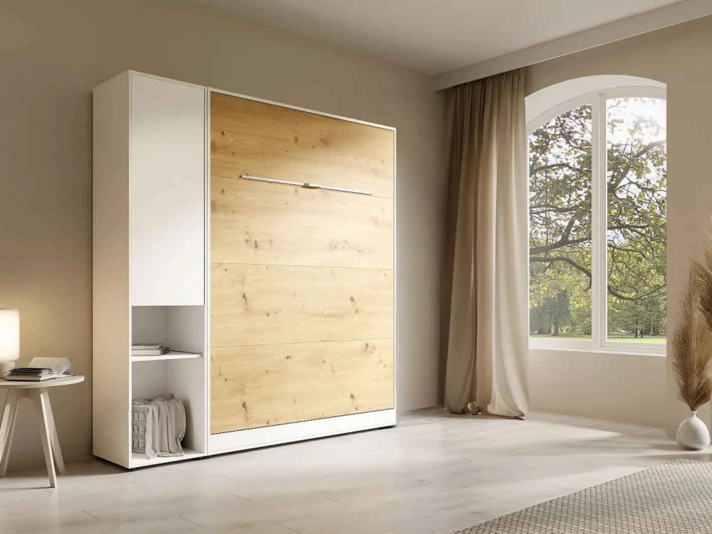 Vente-unique Cama abatible vertical 140 x 200 cm blanco y natural 1 armario - RAPILI Color natural claro / Blanco Best