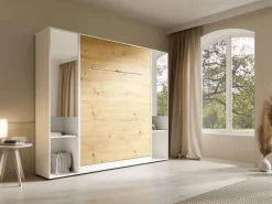 Cama abatible vertical 140 x 200 cm blanco y natural 2 armarios + espejo + colchón - RAPILI^Vente-unique Sale