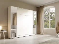 Vente-unique Cama abatible vertical 140 x 200 cm 2 armarios + espejo + colchón - RAPILI Blanco