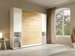 Cama abatible vertical 140 x 200 cm blanca y natural 2 armarios + colchón - RAPILI^Vente-unique