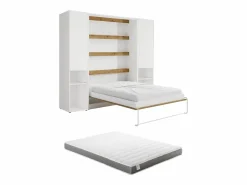 Cama abatible vertical 140 x 200 cm blanca y natural 2 armarios + colchón - RAPILI^Vente-unique
