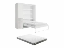 Vente-unique Cama abatible vertical 140 x 200 cm 1 armario + colchón - RAPILI Blanco