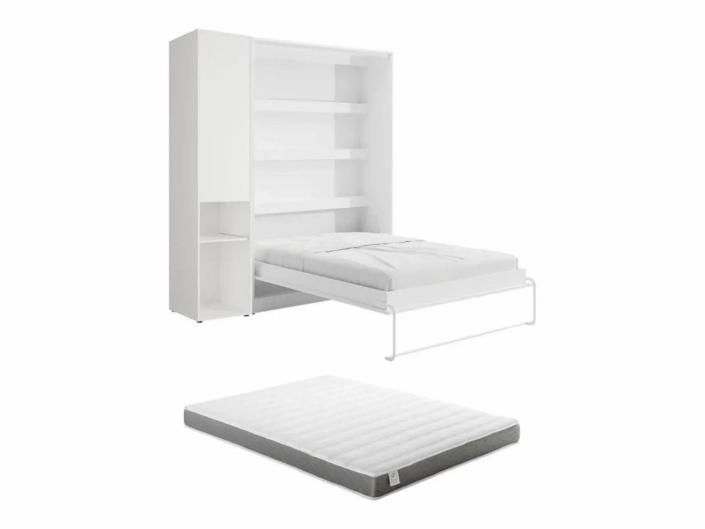 Vente-unique Cama Abatible|Cama abatible vertical 160 x 200 cm blanca 1 armario + colchón - RAPILI