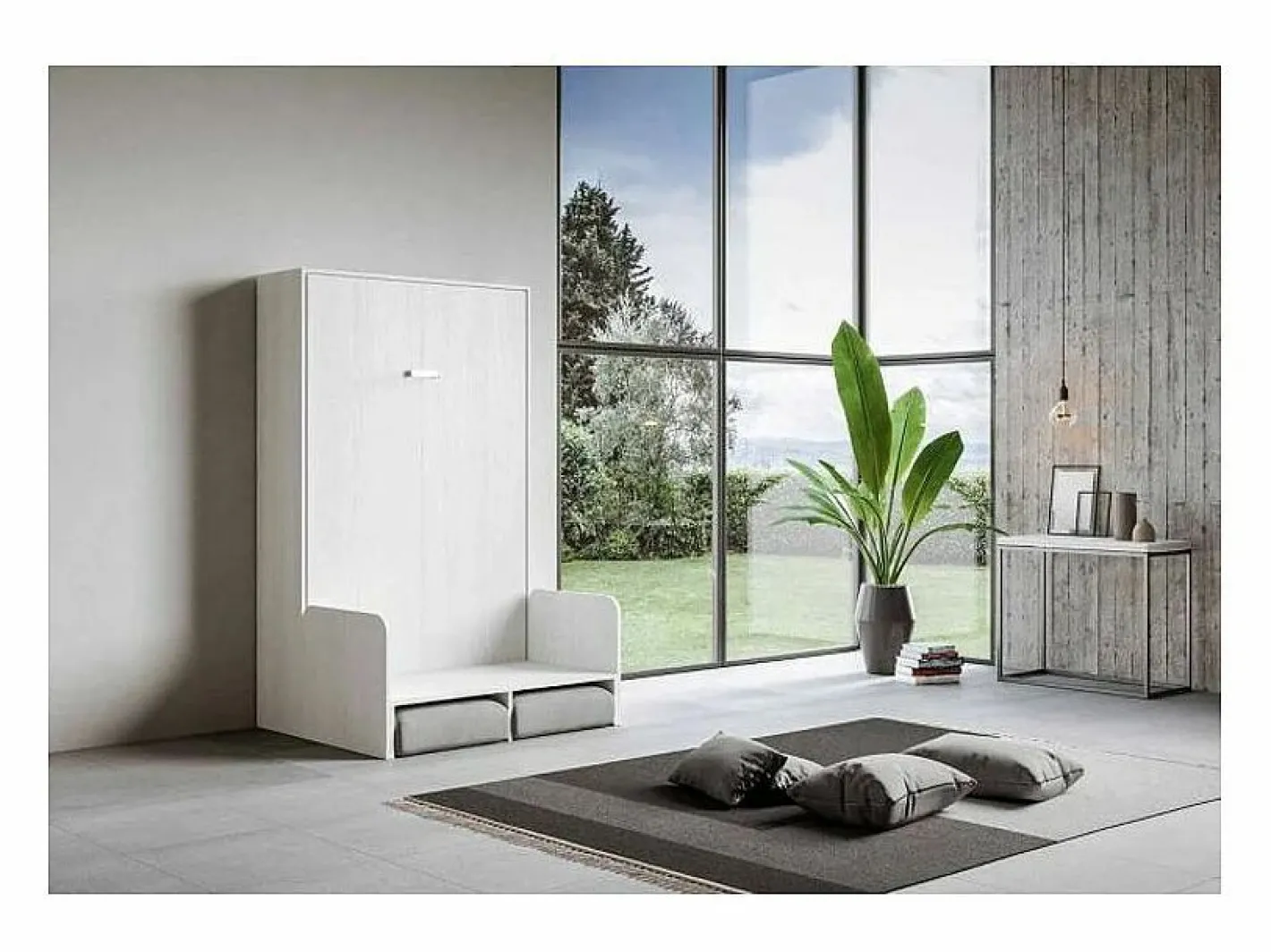 Les Tendances Cama abatible vertical blanca con sofá de tela Bounto 140x190 cm - 32 colores de tela-Sofá 41 Blanco Hot