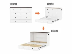 DripeX Cama abatible 140x200 cm - Con cajón, USB y enchufe - Pino + MDF - Carga máx. 204 kg - Blanco Hot