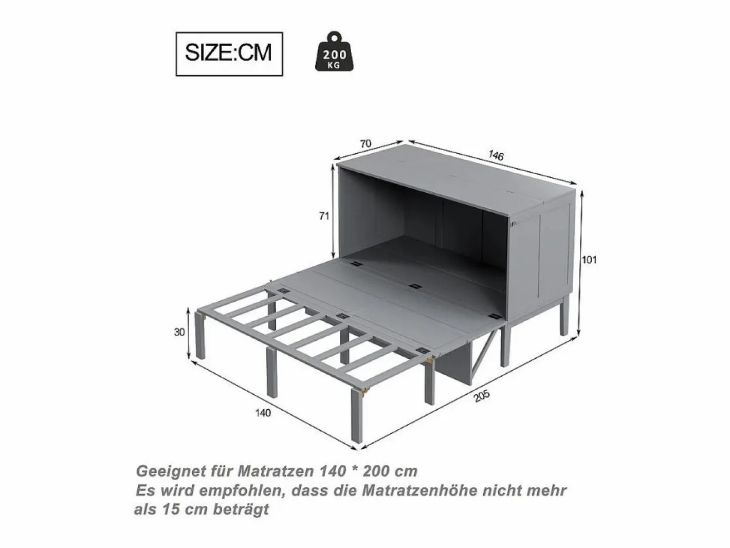 DripeX Cama Abatible|Cama abatible 140x200 cm - Con estructura de láminas - Madera - Carga máx. 200 kg -