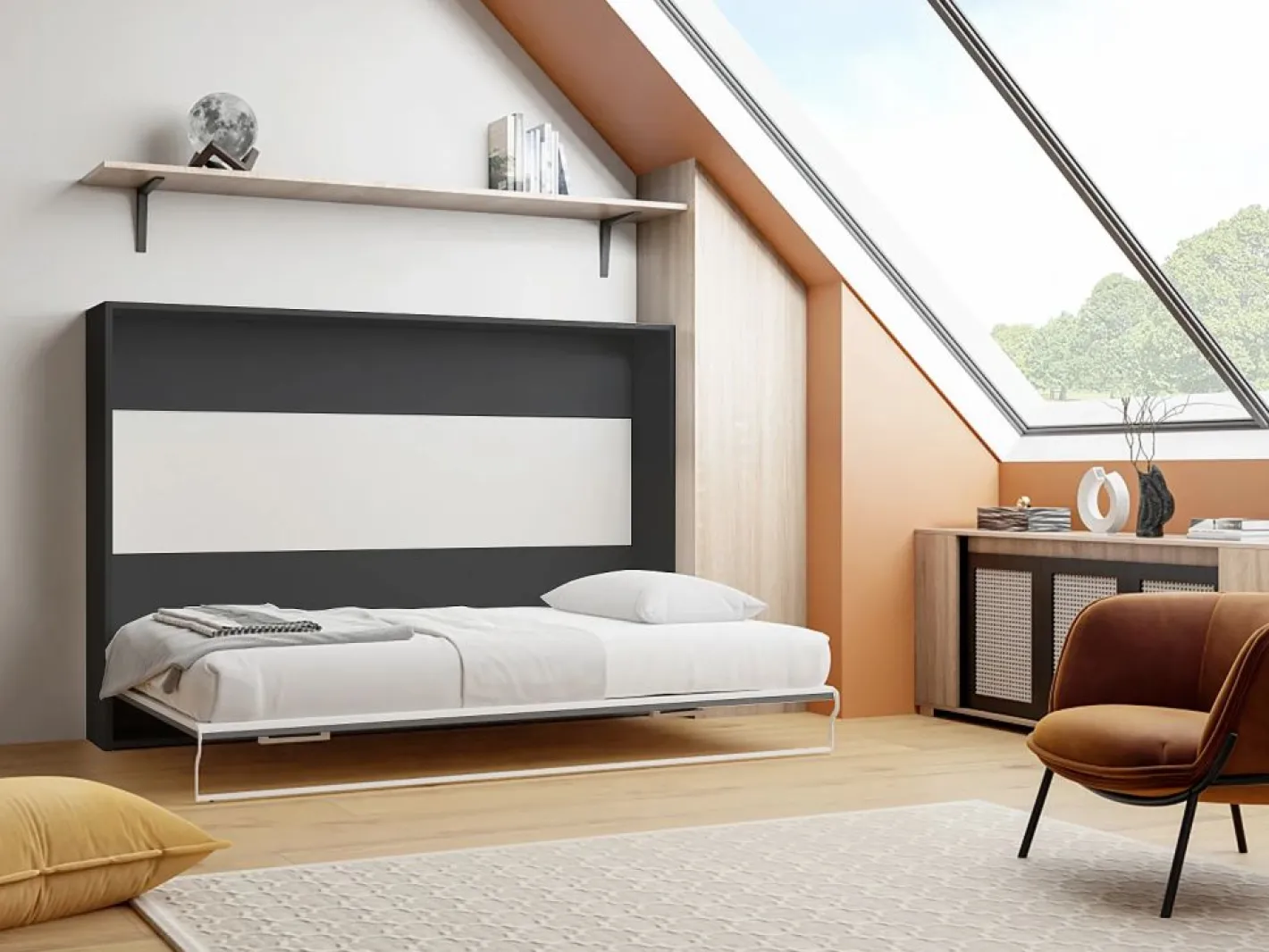 Vente-unique Cama Abatible|Cama abatible 140x200 cm apertura horizontal antracita natural + colchón - MALINA II