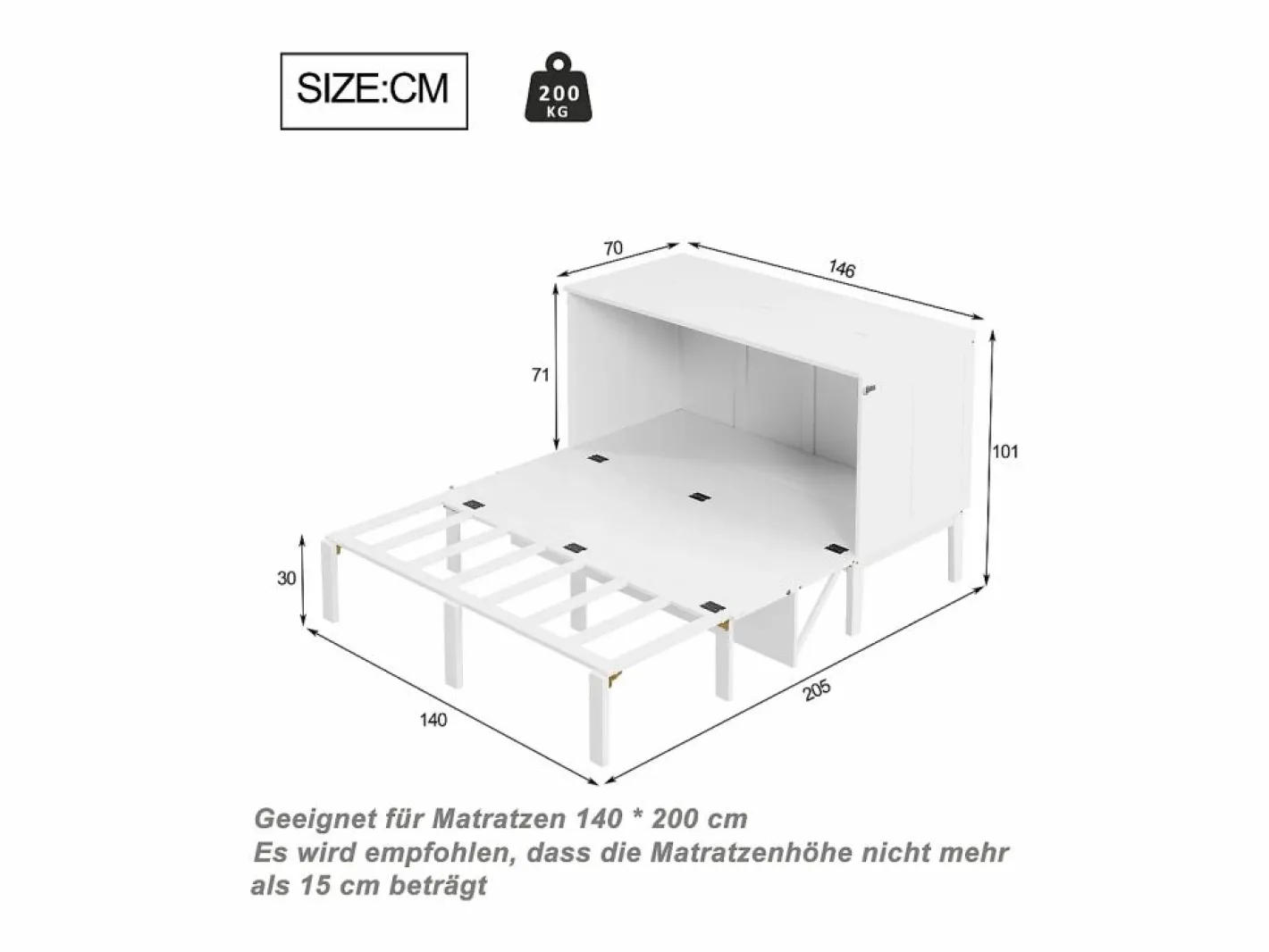 Hauss Spole Cama Abatible|Cama abatible 140x200 cm, con somier - Cama niño/adulto - Madera blanca