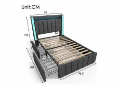 DripeX Cama Con Canapé|Cama Con Almacenaje|Cama acolchada 90x200 cm con 2 cajones, LED + Enchufes USB + Type C, Tela de lino - (sin colchón)