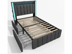 DripeX Cama Con Canapé|Cama Con Almacenaje|Cama acolchada 90x200 cm con 2 cajones, LED + Enchufes USB + Type C, Tela de lino - (sin colchón)