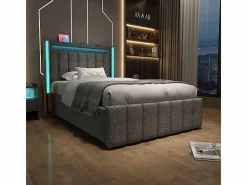 DripeX Cama Con Canapé|Cama Con Almacenaje|Cama acolchada 90x200 cm con 2 cajones, LED + Enchufes USB + Type C, Tela de lino - (sin colchón)