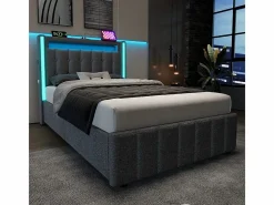 DripeX Cama Con Canapé|Cama Con Almacenaje|Cama acolchada 90x200 cm con 2 cajones, LED + Enchufes USB + Type C, Tela de lino - (sin colchón)