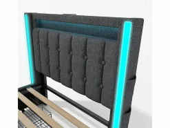DripeX Cama Con Canapé|Cama Con Almacenaje|Cama acolchada 90x200 cm con 2 cajones, LED + Enchufes USB + Type C, Tela de lino - (sin colchón)