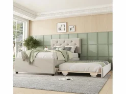 Hauss Spole Cama acolchada 90x200 cm en terciopelo con cama nido 90x190 cm, somier de lamas, cama infantil , sin colchón Beige New