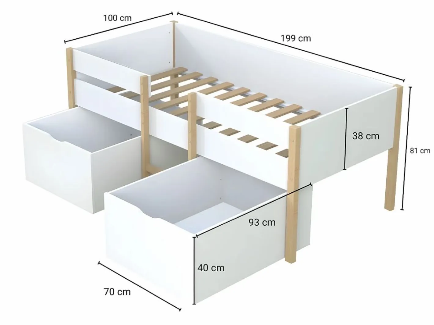 Vente-unique Cama Con Almacenaje|Cama alta 2 cajones 90 x 190 cm y roble SISSY