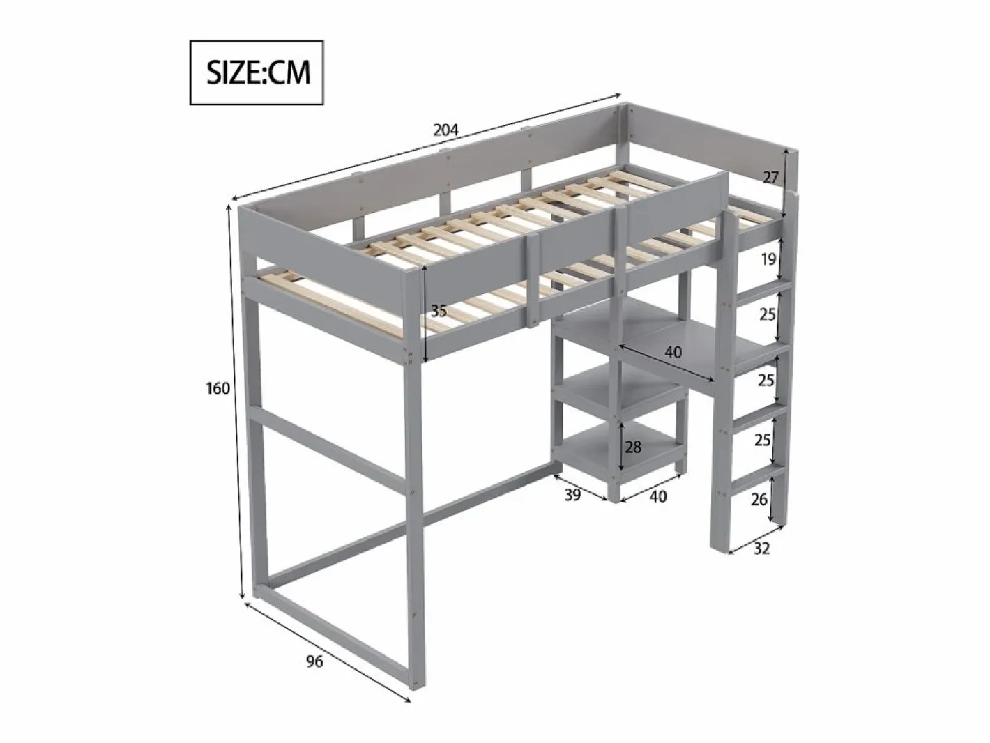 ModernLuxe Cama alta 90 x 200 cm - con escalera - con estantes de almacenamiento - madera maciza - con somier de láminas - (colchón no incluido) Gris Online