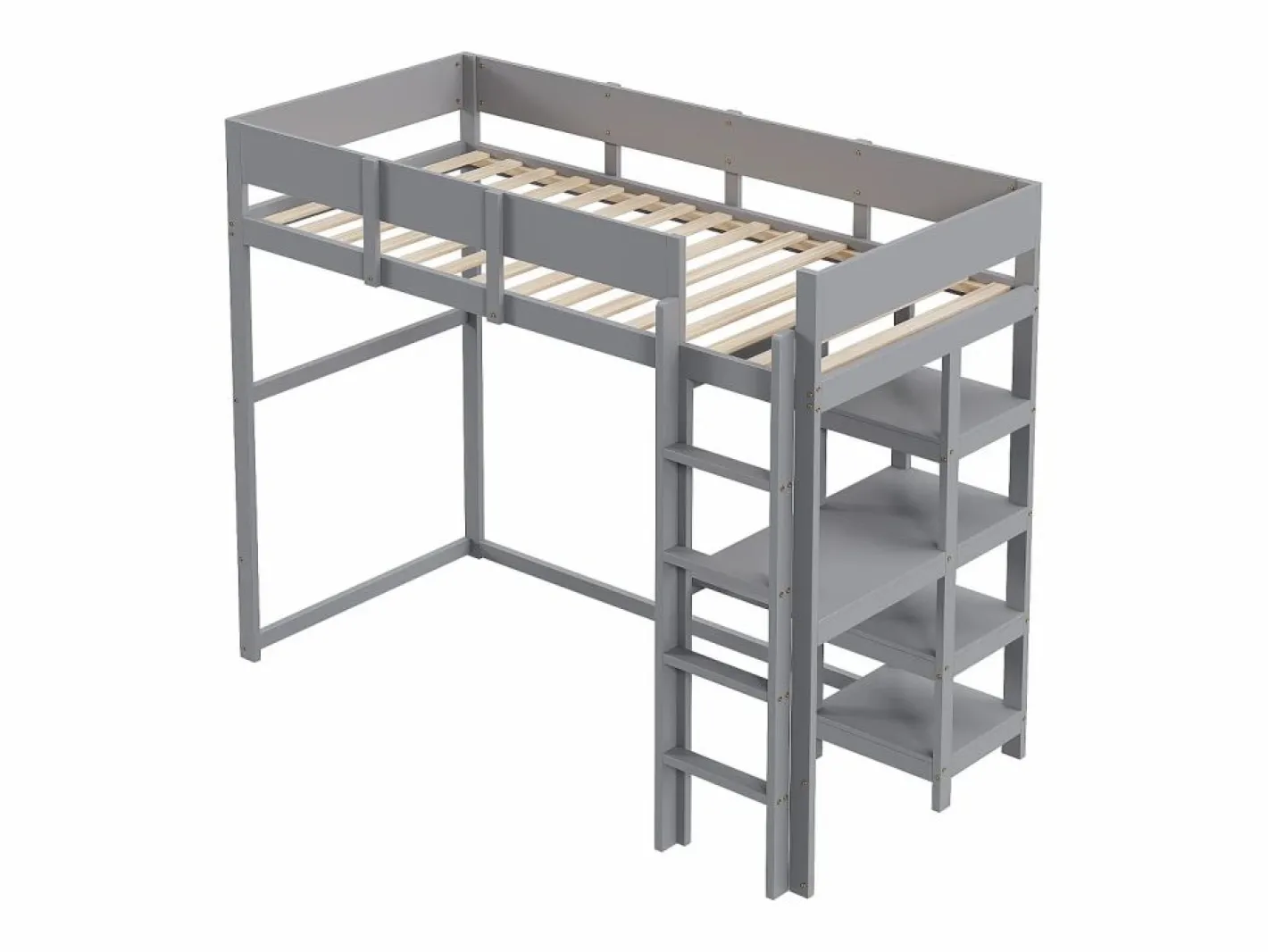 ModernLuxe Cama alta 90 x 200 cm - con escalera - con estantes de almacenamiento - madera maciza - con somier de láminas - (colchón no incluido) Gris Online