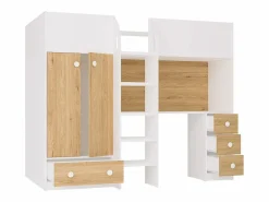 Vente-unique Cama Alta|Cama Infantil|Cama alta 90 x 190 cm con armario y escritorio en color blanco y natural - CINAMO