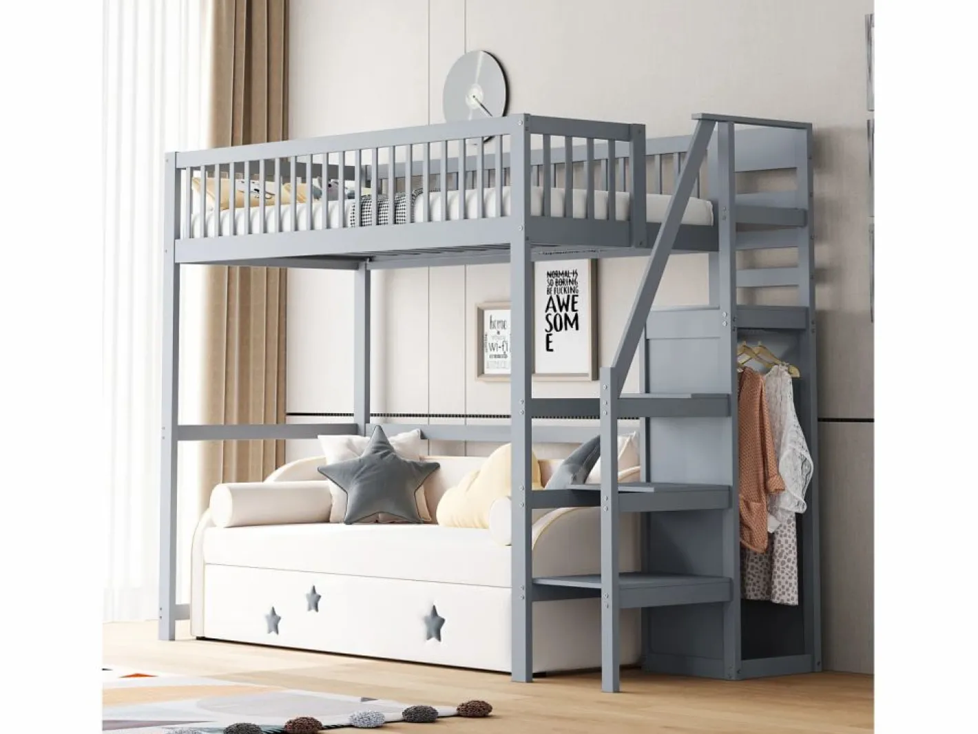 Merax Cama alta 90 x 200 cm con armario y escalera - Madera maciza + contrachapado + MDF - (Sin colchón) Gris Online