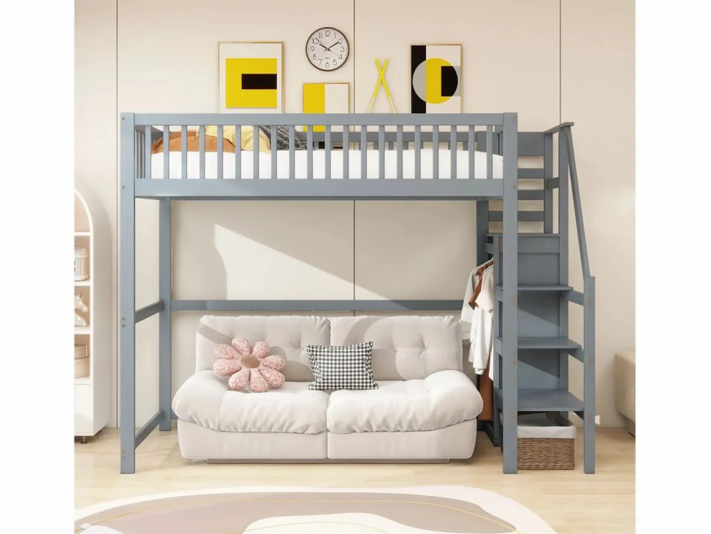 Merax Cama alta 90 x 200 cm con armario y escalera - Madera maciza + contrachapado + MDF - (Sin colchón) Gris Online