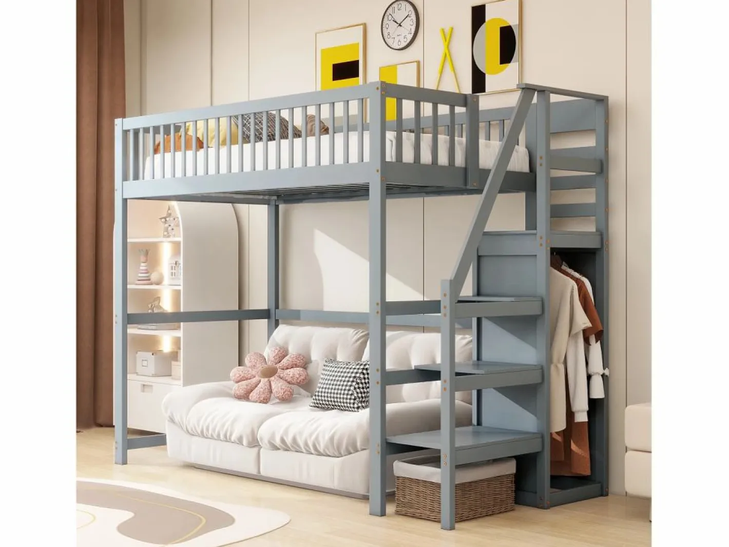Merax Cama alta 90 x 200 cm con armario y escalera - Madera maciza + contrachapado + MDF - (Sin colchón) Gris Online