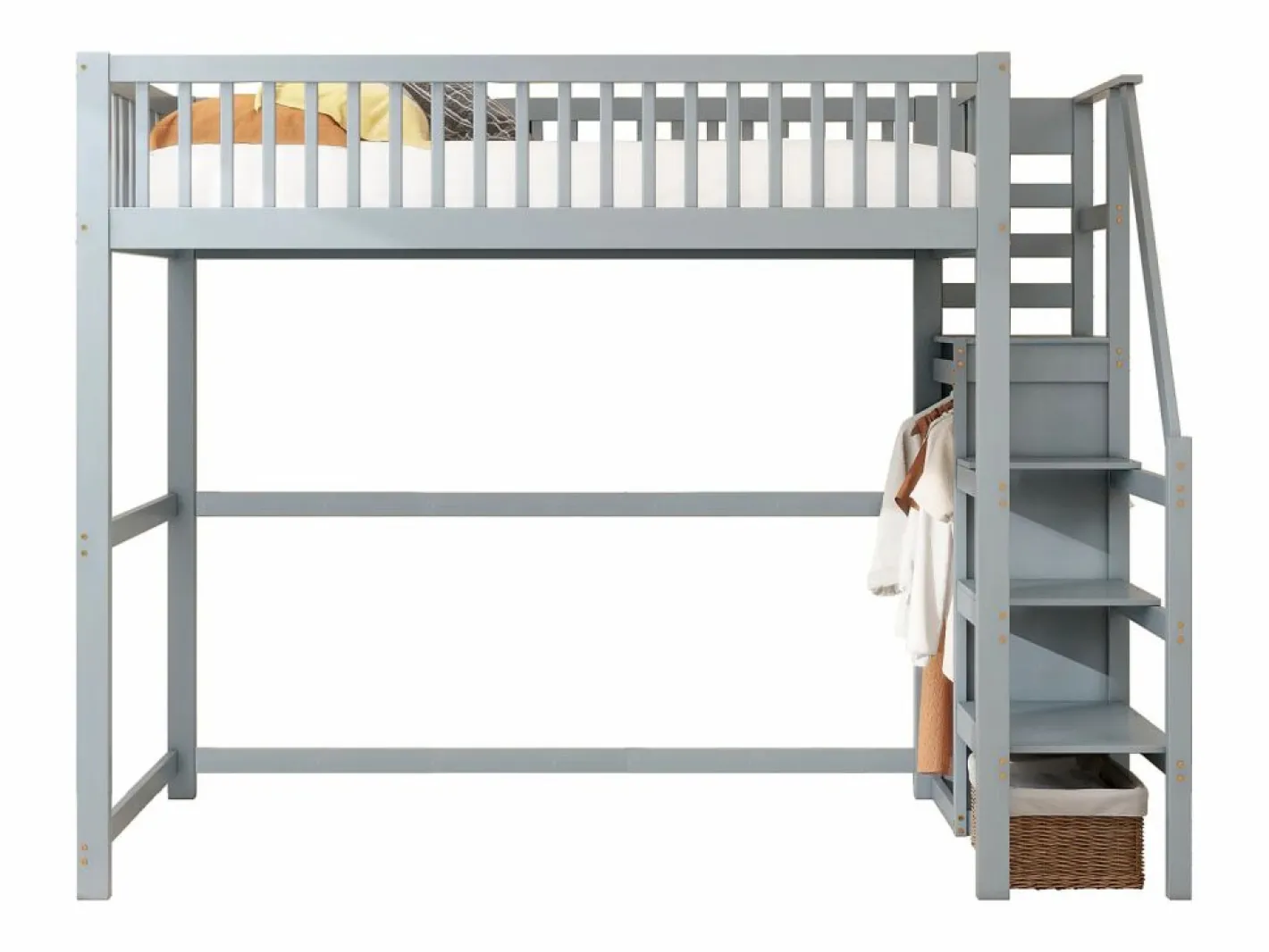 Merax Cama alta 90 x 200 cm con armario y escalera - Madera maciza + contrachapado + MDF - (Sin colchón) Gris Online