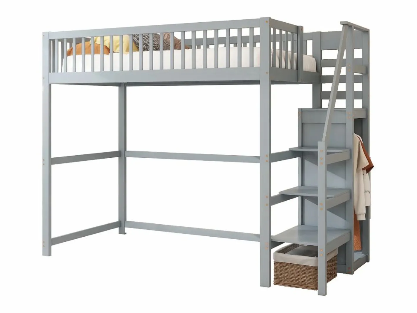 Merax Cama alta 90 x 200 cm con armario y escalera - Madera maciza + contrachapado + MDF - (Sin colchón) Gris Online