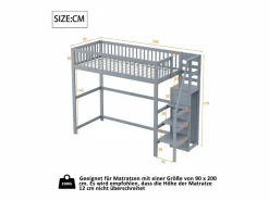 Merax Cama alta 90 x 200 cm con armario y escalera - Madera maciza + contrachapado + MDF - (Sin colchón) Gris Online