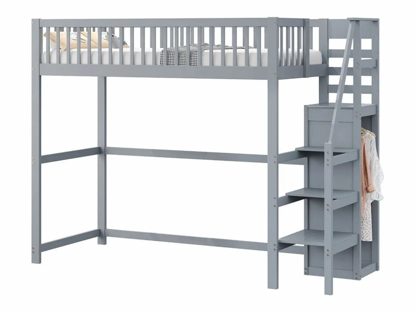 Merax Cama alta 90 x 200 cm con armario y escalera - Madera maciza + contrachapado + MDF - (Sin colchón) Gris Online