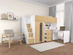Vente-unique Cama Alta|Cama alta 90 x 190 cm con armario y escritorio en blanco y natural + colchón - LANILATO