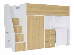 Vente-unique Cama Alta|Cama alta 90 x 190 cm con armario y escritorio en blanco y natural + colchón - LANILATO