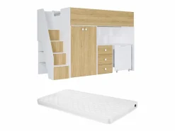 Vente-unique Cama Alta|Cama alta 90 x 190 cm con armario y escritorio en blanco y natural + colchón - LANILATO
