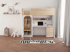 Vente-unique Cama Alta|Cama Infantil|cama alta 90 x 190 cm con armario y escritorio colores natural y blanco + colchón - ALVENOU