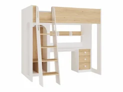 Vente-unique Cama Alta|Cama Infantil|cama alta 90 x 190 cm con armario y escritorio colores natural y blanco + colchón - ALVENOU