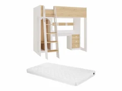 Vente-unique Cama Alta|Cama Infantil|cama alta 90 x 190 cm con armario y escritorio colores natural y blanco + colchón - ALVENOU