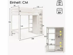 Merax Cama alta 90 x 200 cm con armario y 6 estantes - Tablero de partículas + MDF - (sin colchón) Blanco Best