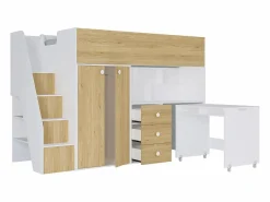 Cama alta 90 x 190 cm con armario y escritorio en color blanco y natural - LANILATO^Vente-unique Outlet