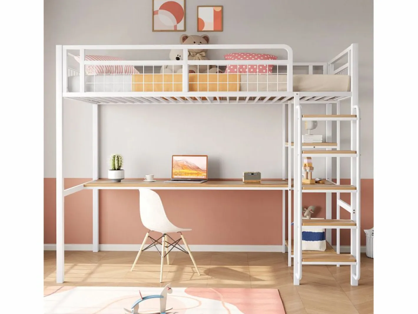 Merax Cama Alta|Cama alta 90 x 200 cm con escritorio y estantes de almacenaje - Metal y MDF - para niños -