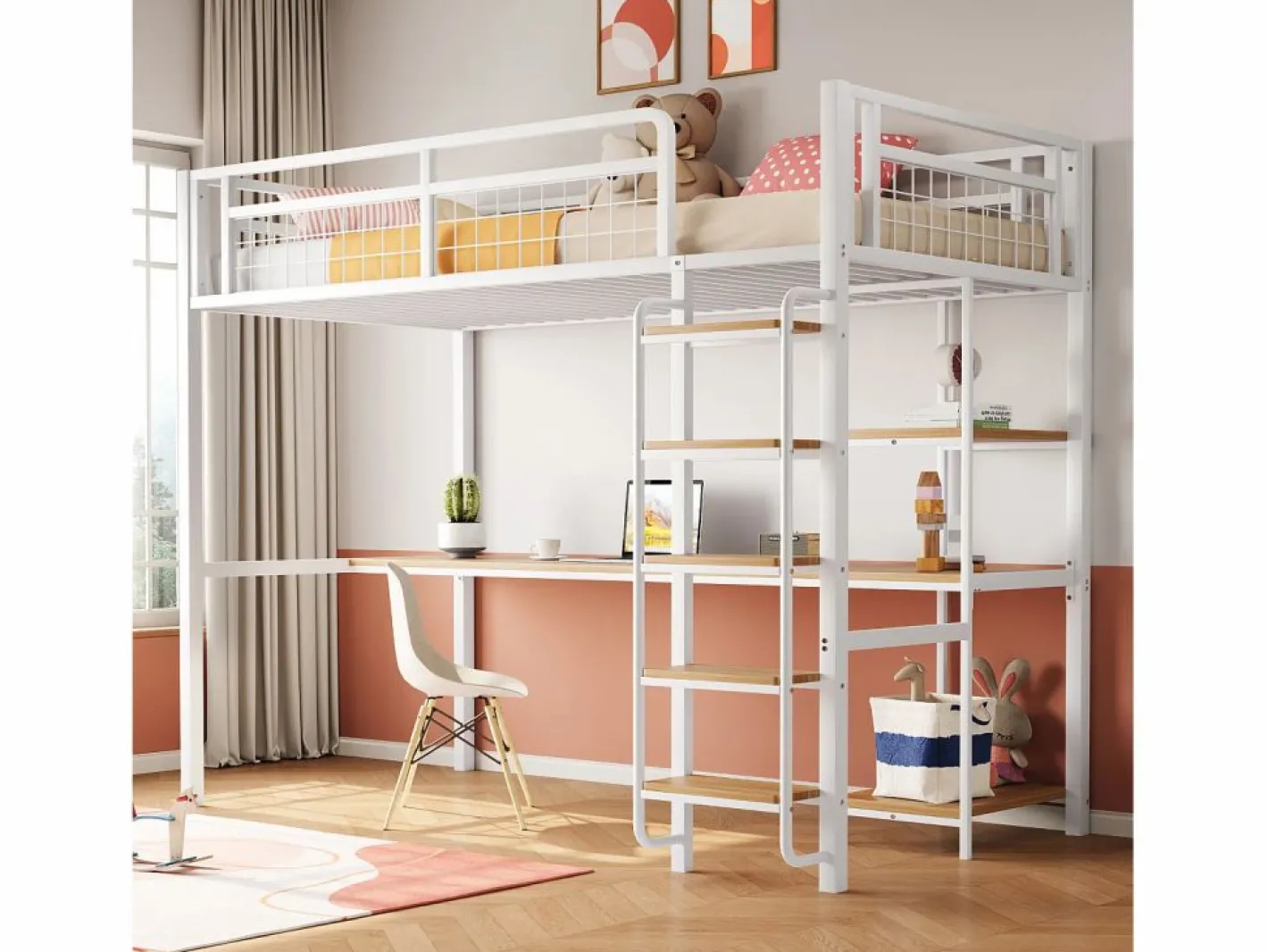 Merax Cama Alta|Cama alta 90 x 200 cm con escritorio y estantes de almacenaje - Metal y MDF - para niños -