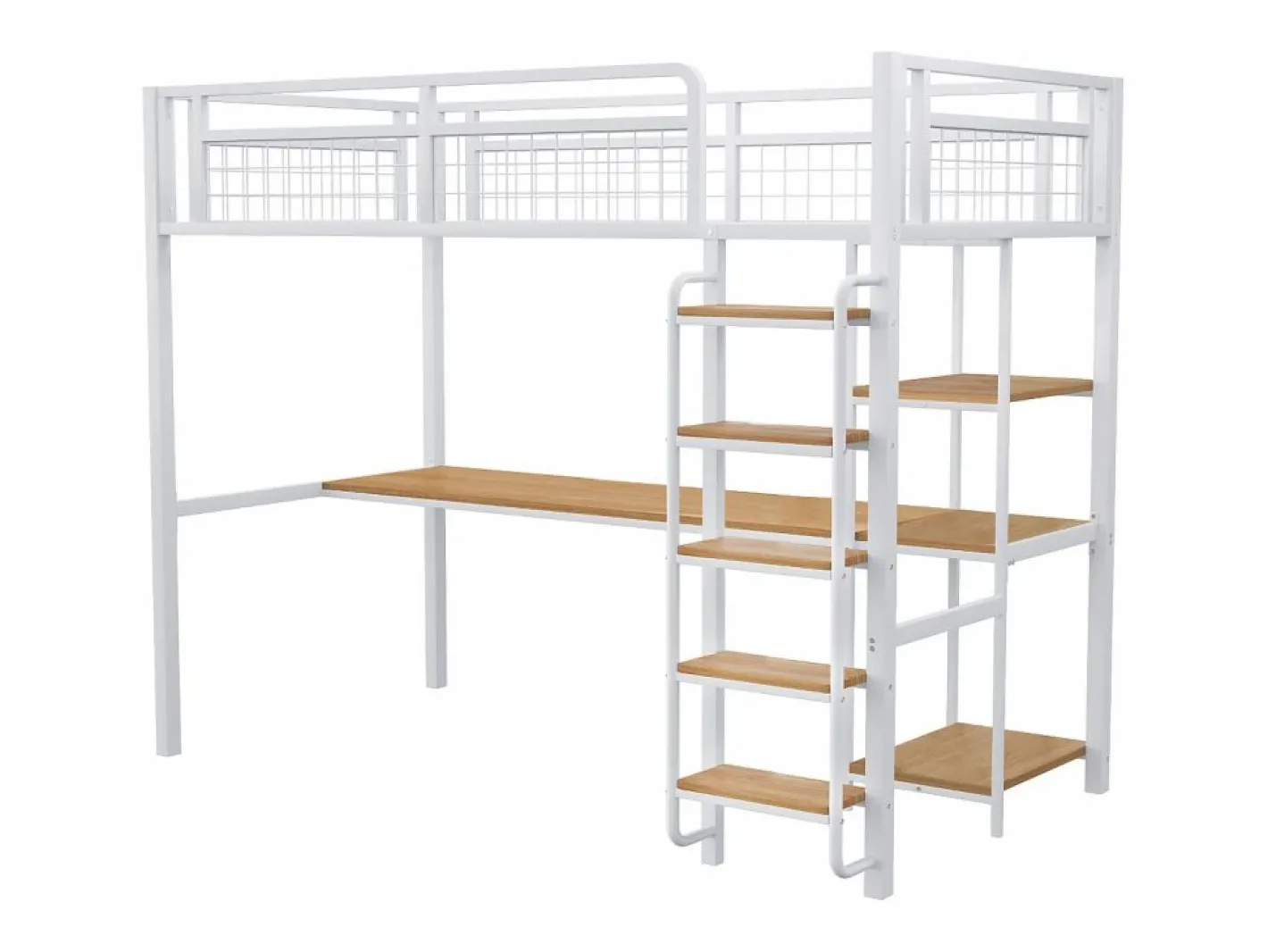 Merax Cama Alta|Cama alta 90 x 200 cm con escritorio y estantes de almacenaje - Metal y MDF - para niños -
