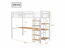 Merax Cama Alta|Cama alta 90 x 200 cm con escritorio y estantes de almacenaje - Metal y MDF - para niños -