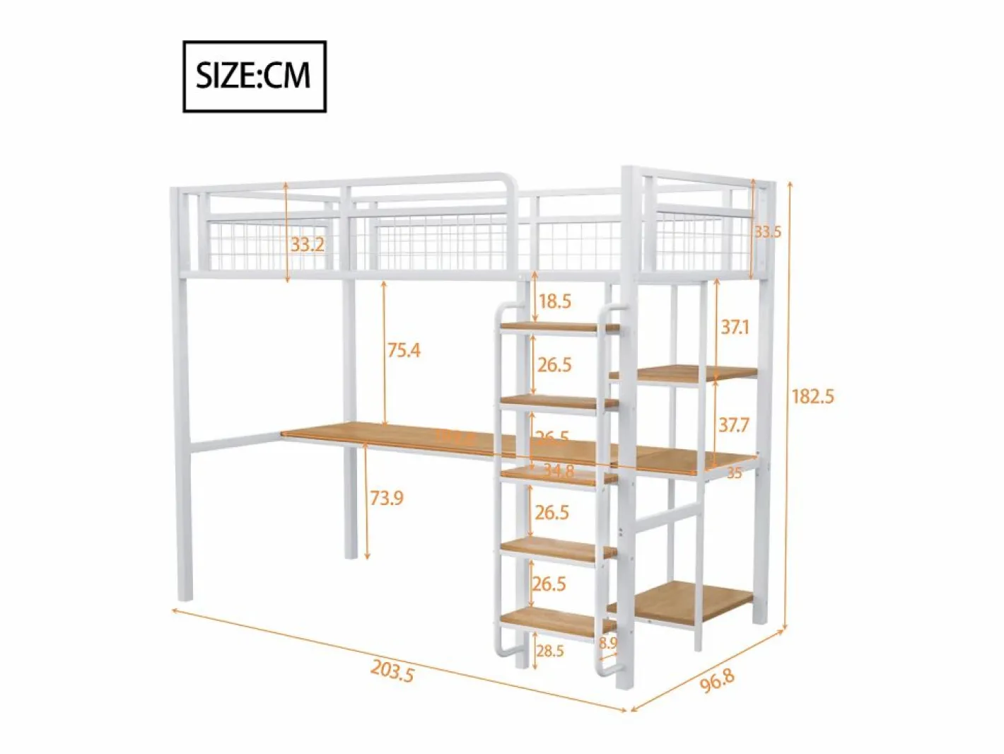 Merax Cama Alta|Cama alta 90 x 200 cm con escritorio y estantes de almacenaje - Metal y MDF - para niños -