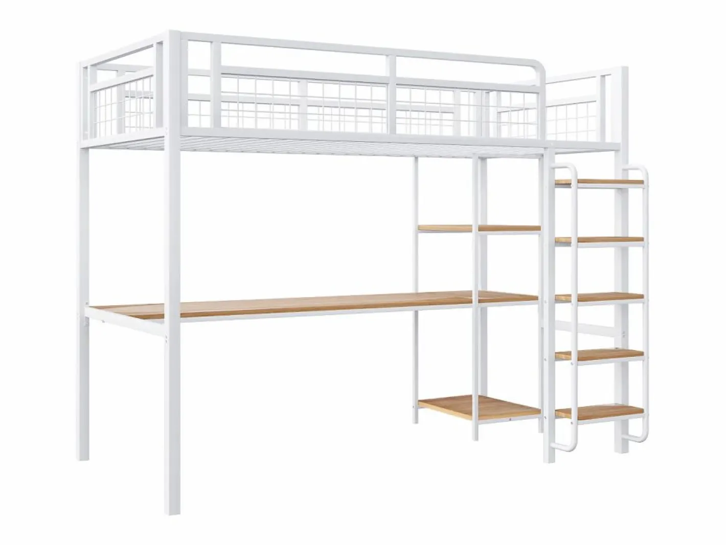 Merax Cama Alta|Cama alta 90 x 200 cm con escritorio y estantes de almacenaje - Metal y MDF - para niños -