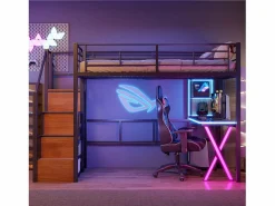 Merax Cama alta 90 x 200 cm con escritorio, armario, estanterías - Iluminación ambiental - Metal - (sin colchón) Negro