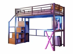 Merax Cama alta 90 x 200 cm con escritorio, armario, estanterías - Iluminación ambiental - Metal - (sin colchón) Negro