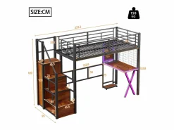 Merax Cama alta 90 x 200 cm con escritorio, armario, estanterías - Iluminación ambiental - Metal - (sin colchón) Negro