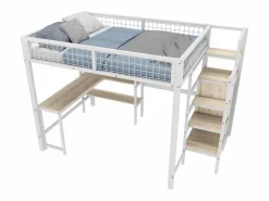 Cama alta 140 x 200 cm con escritorio en L, armario y estantes - Metal + MDF - Somier de láminas - (sin colchón)^Merax Clearance