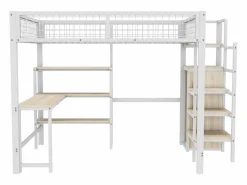 Cama alta 140 x 200 cm con escritorio en L, armario y estantes - Metal + MDF - Somier de láminas - (sin colchón)^Merax Clearance